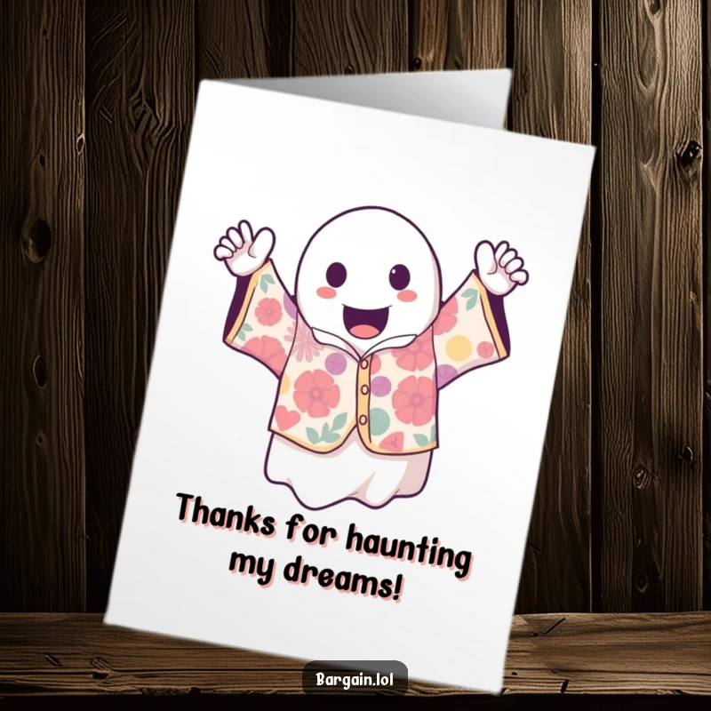 Funny Free Printable Thank You Card: A kawaii ghost enthusiastically holds up a vibrant, wildly patterned vintage fashion item to say thanks.