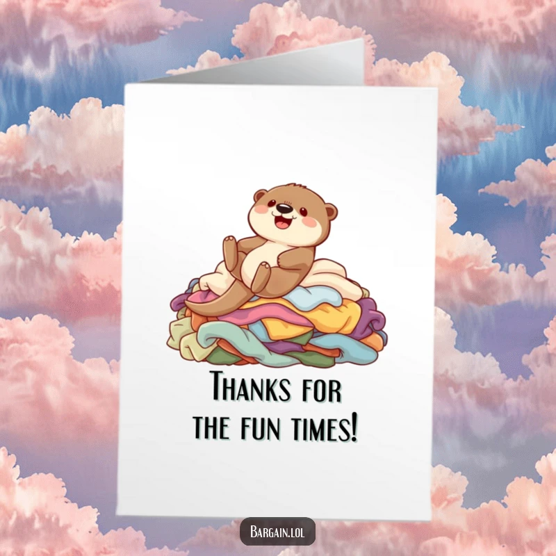 Funny Free Printable Thank You Card: Happy otter slides down colorful garments, a delightful DIY gift.