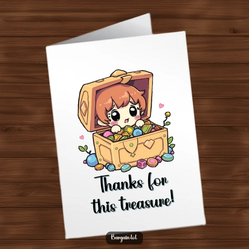Funny Free Printable Thank You Card: Character’s surprised expression upon finding a treasure chest of thanks.
