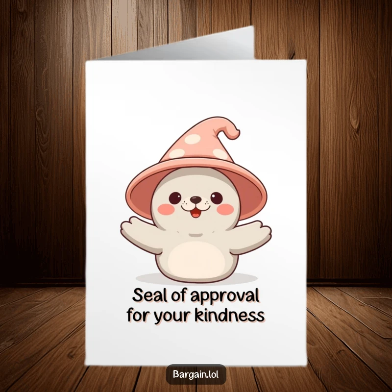 Funny Free Printable Thank You Card: A cheerful Kawaii seal presents a ridiculously large novelty hat as a thank you.