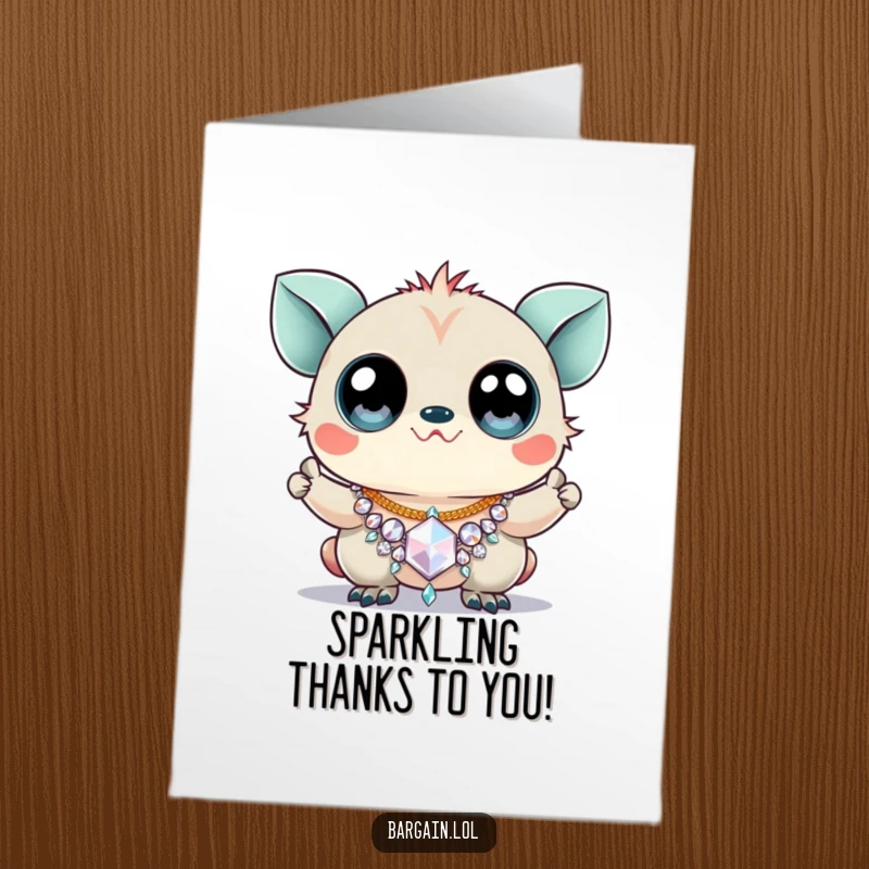 Funny Free Printable Thank You Card featuring a creature with oversized googly eyes holding up a sparkly, inexpensive necklace.