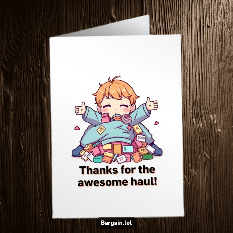 Funny Free Printable Thank You Card: Character with open arms adores a giant stack of hilariously cheap, odd clothing items.
