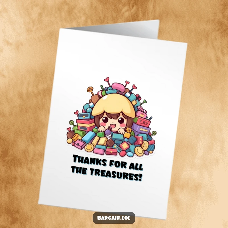 Funny Free Printable Thank You Card: Character peeking from behind a large pile of colorful, second-hand treasures, offering a shy thank you.