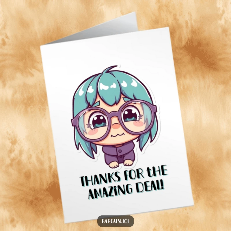 Funny Free Printable Thank You Card: Character wears oversized, comical glasses, intensely focused on a comically small and cheap price tag.