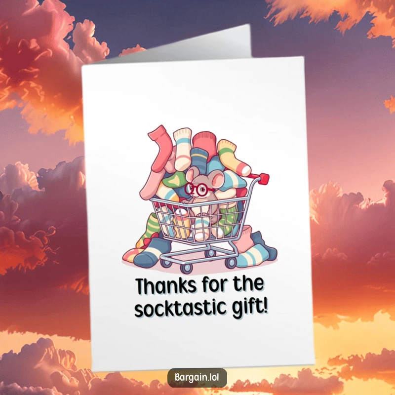 Funny Free Printable Thank You Card: Mouse wearing monocle inspecting mismatched socks from a shopping cart, saying thanks.
