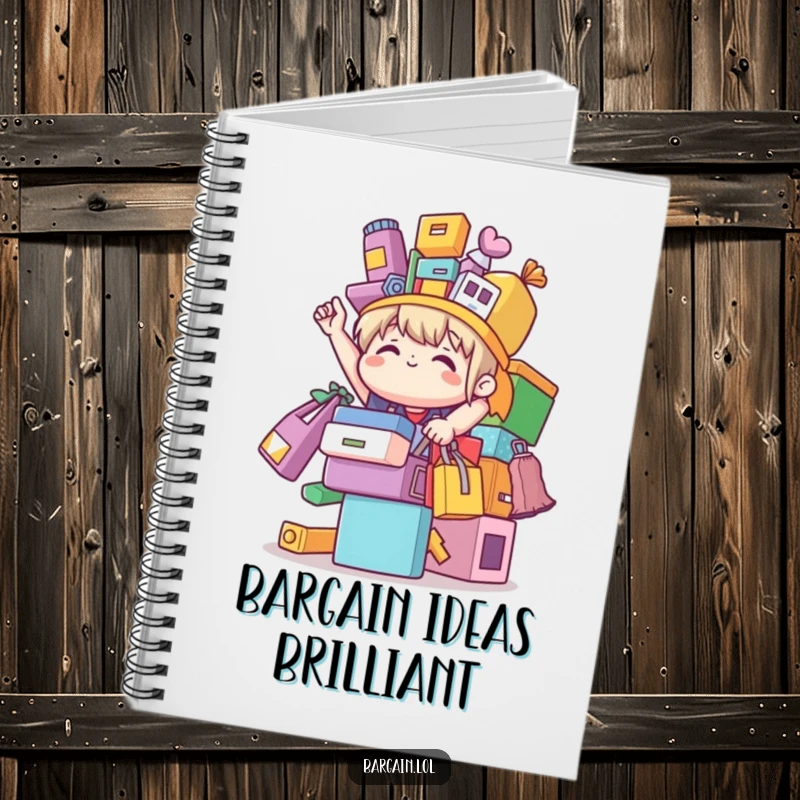 Funny cute character triumphantly balancing colorful mismatched bargain items, featured on a notebook cover for humorous writing.