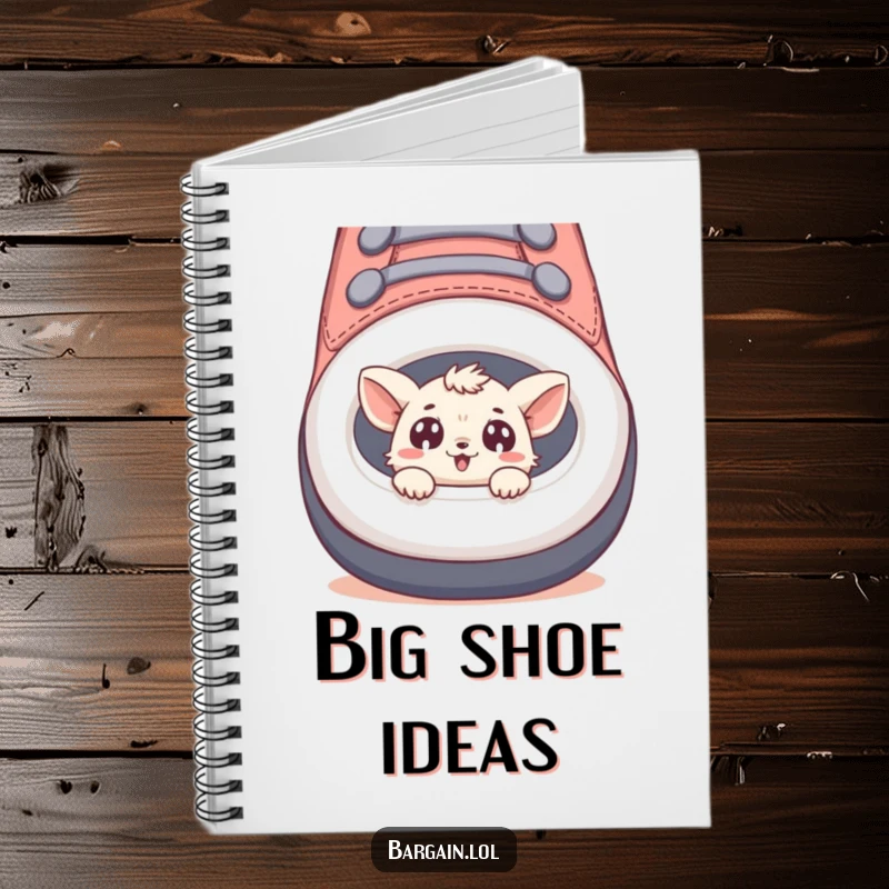 Funny notebook with a tiny creature peeking from a giant shoe, inspiring creative thoughts.
