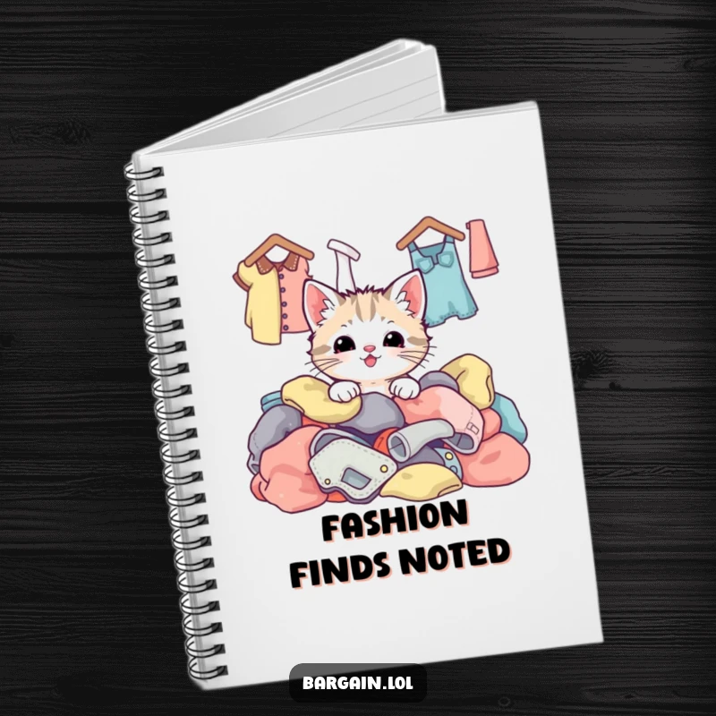 Funny kawaii kitten peeking out from a pile of colorful thrift store clothes, inspiring creative writing and note-taking.