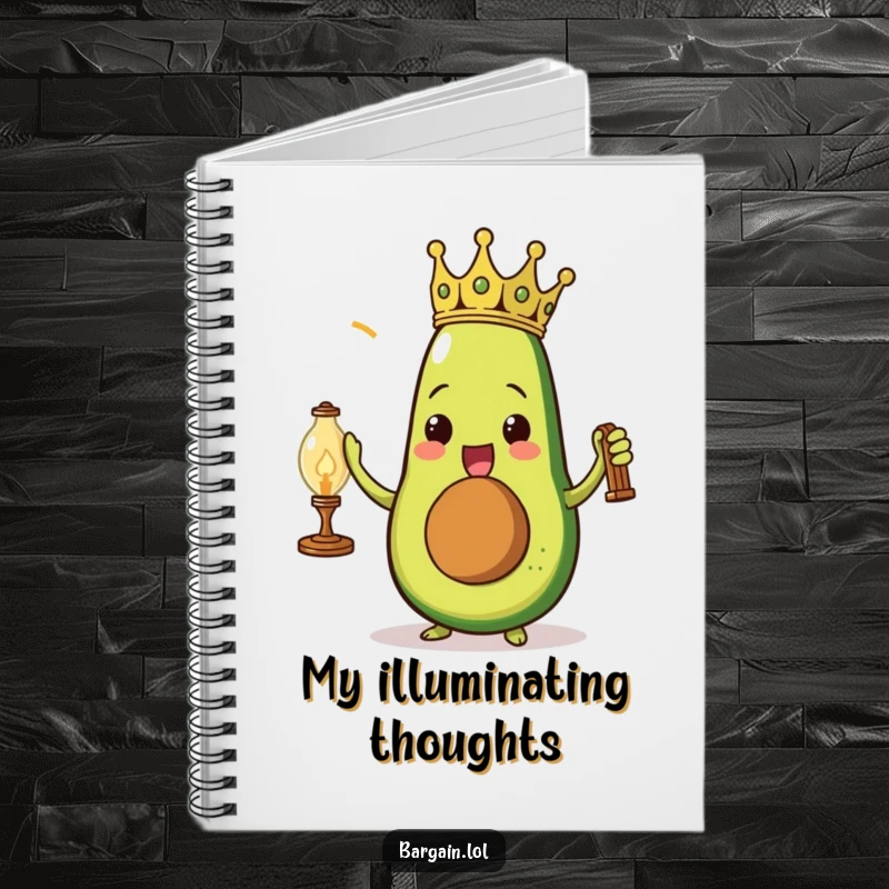 Funny triumphant avocado wearing a paper crown holding a dusty vintage lamp on a notebook cover.