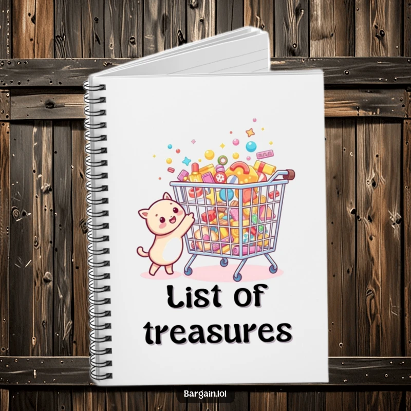 Funny Bargain Hunter Notebook showing a tiny creature joyfully pointing at a comically oversized, sparkling bargain bin filled with tiny treasures.