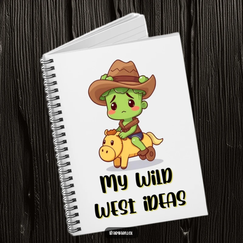 Funny notebook with a confused broccoli sprout in a cowboy hat riding a squeaky toy, for jotting ideas.