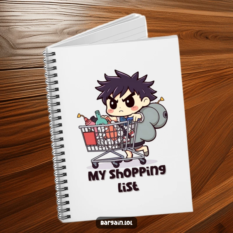 Funny notebook, determined character pushing a cart of oddities, for documenting unique finds.