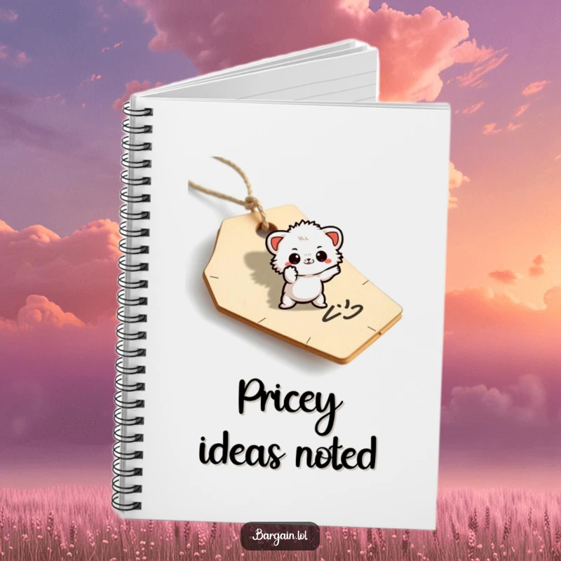 Funny notebook with a small fuzzy being striking a dramatic pose on a discarded price tag.