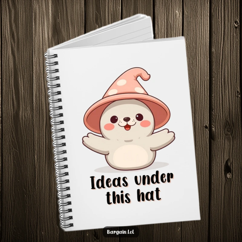 Funny Kawaii seal notebook showing a seal proudly presenting a huge novelty hat, perfect for writing and drawing humorously.