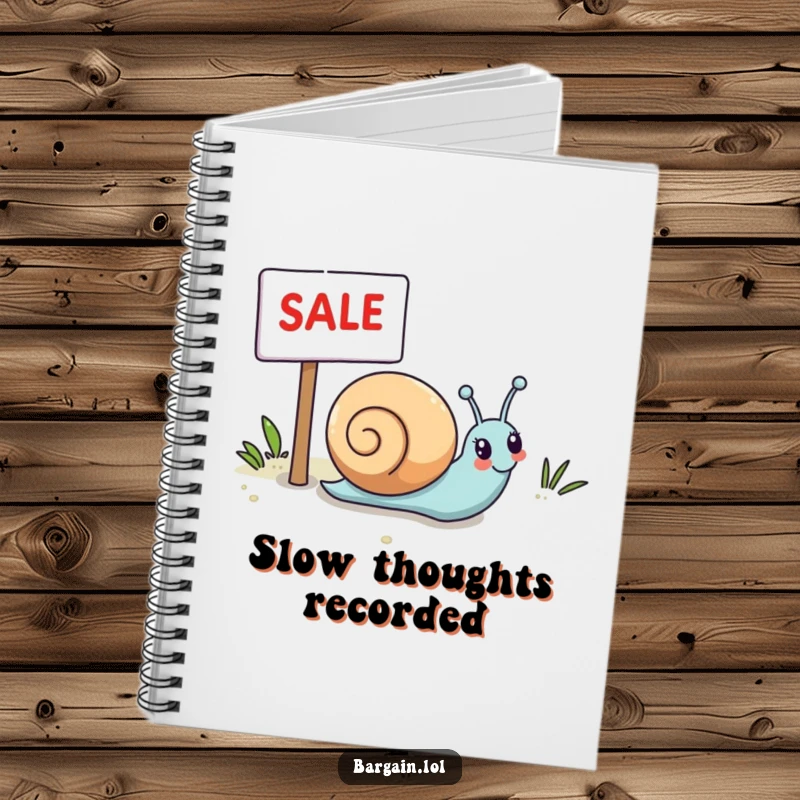 Funny Kawaii snail notebook showing a snail happily rolling towards a sale sign, great for writing and planning.