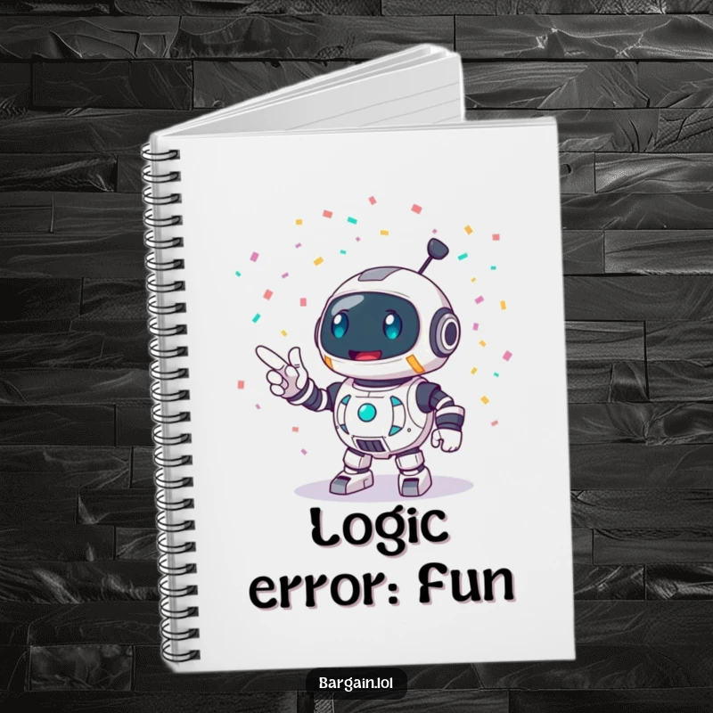 Funny notebook with a round robot character enthusiastically pointing at a burst of confetti, designed for capturing exciting ideas.