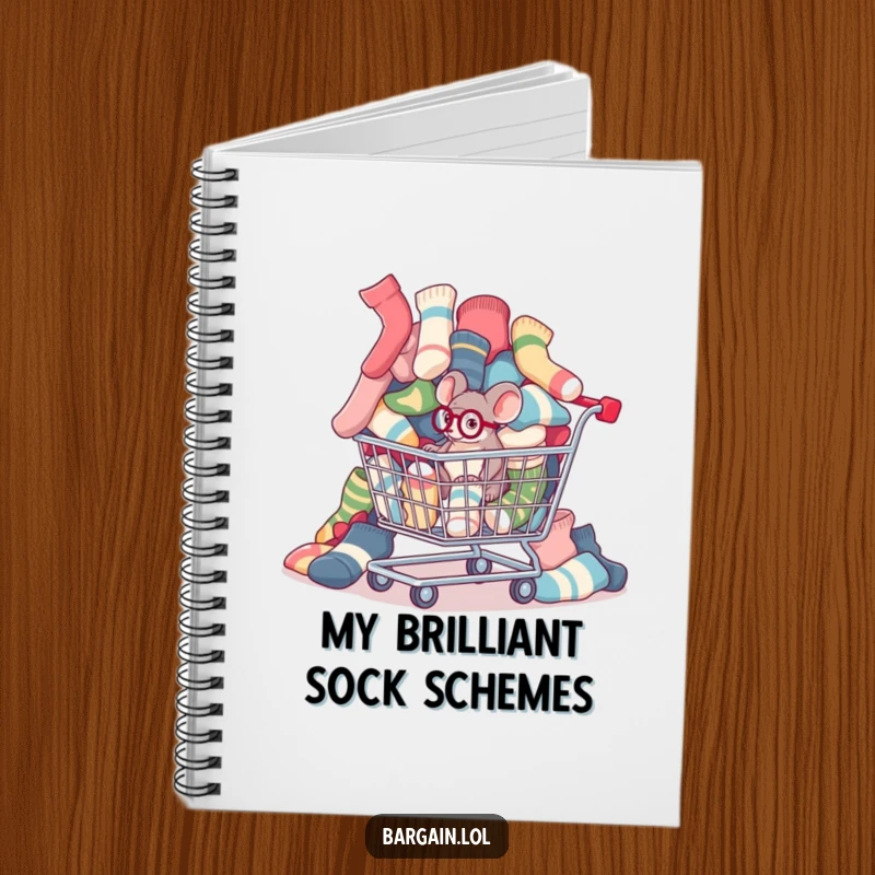 Funny tiny mouse with a monocle inspecting mismatched socks spilling from a shopping cart on a notebook.