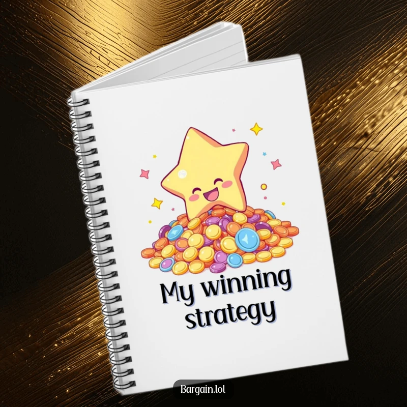 Funny notebook with a star character gleefully diving into a pile of shimmering coins, ideal for noting down ideas with a sense of ambition.