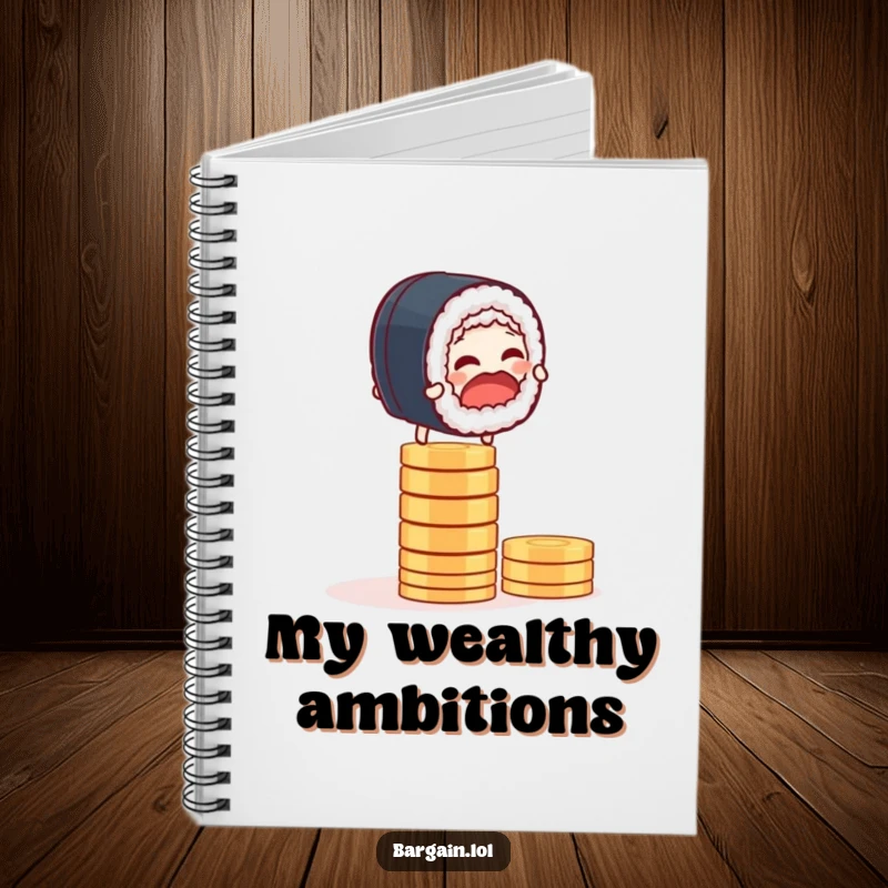 Funny notebook with a giggling sushi roll precariously balancing on a stack of coins, for jotting ideas.