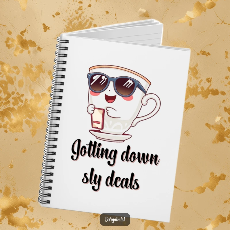 Funny giggling teacup wearing sunglasses and holding a tiny coupon clip on a notebook cover. A humorous and functional tool.