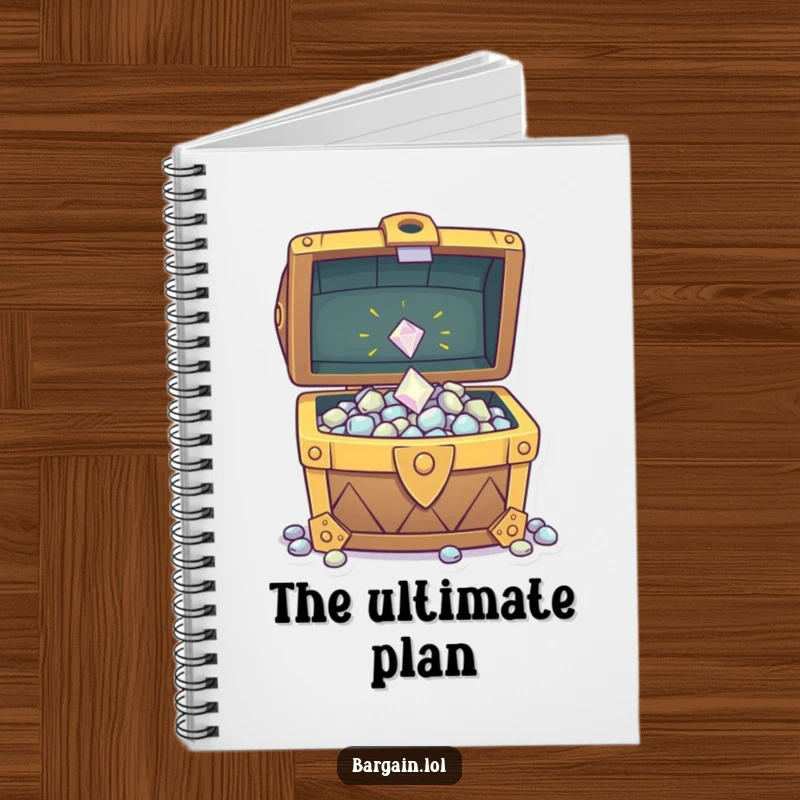Funny notebook with a sparkly gem tossed into an overflowing treasure chest, ideal for noting down ideas with a sense of wonder and abundance.