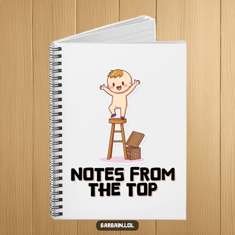 Funny Notebook: A happy cartoon figure balances precariously on a stool, reaching for a hidden treasure box, ready for ideas.