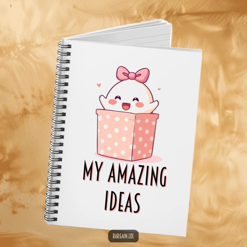 Funny notebook: A happy blob character emerging from a large polka-dotted gift box, inspiring creative and humorous notes.