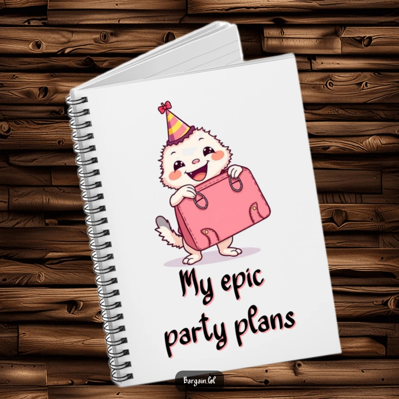 Funny Notebook: A happy creature in a party hat poses with an oversized, stylish retro handbag, perfect for noting party plans.