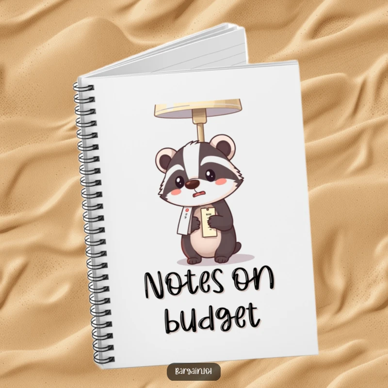 Funny Kawaii badger notebook showing a badger comically surprised by an affordable lamp price, great for notes.