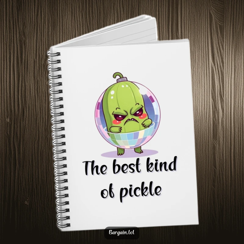 Funny notebook with a grumpy pickle stuck inside a sparkling disco ball, perfect for jotting down hilarious thoughts.