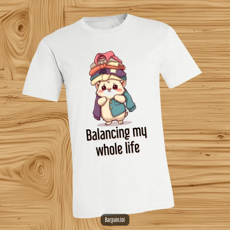 Funny, fuzzy creature intensely concentrating while balancing an enormous stack of vintage clothing, a humorous t-shirt design.