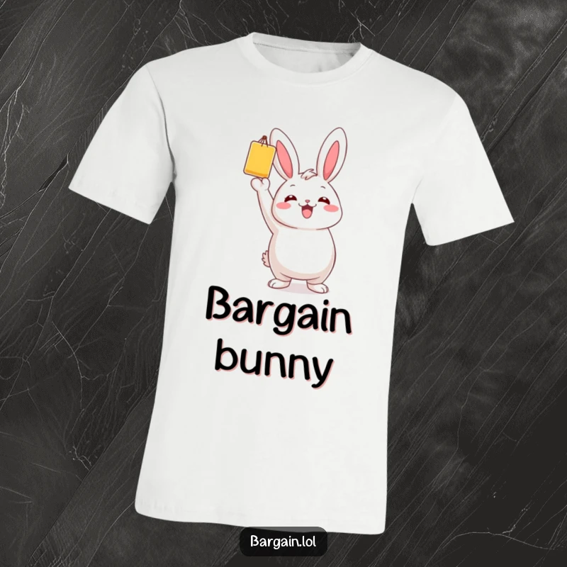 Funny t-shirt featuring a chubby bunny jubilantly displaying a brightly colored bargain item.