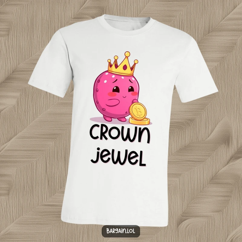 Funny t-shirt with a plump berry character wearing a crown, happily admiring a shiny coin, symbolizing prosperity and a good laugh.