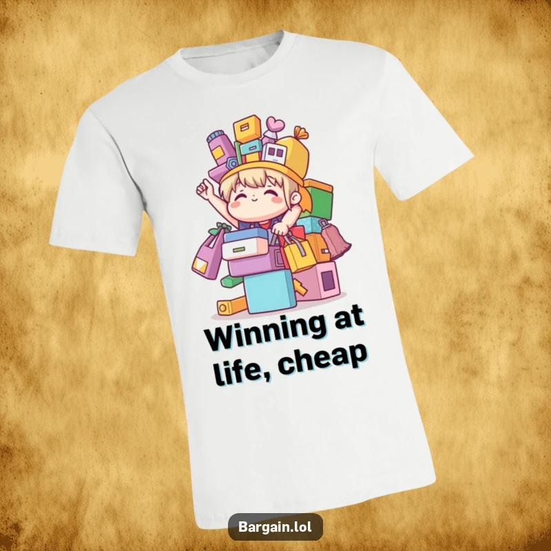 Funny cute character triumphantly balancing a stack of vibrant, mismatched bargain items, celebrating shopping success on a humorous t-shirt.