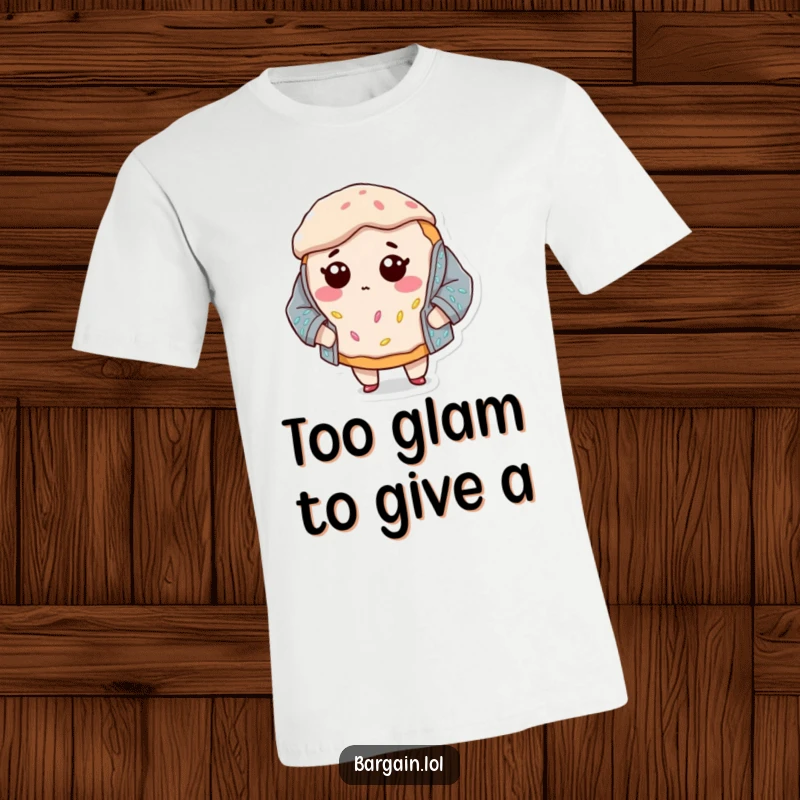 Funny t-shirt depicting a bewildered donut character overwhelmed by an oversized, flashy sequined jacket, highlighting a comical fashion misstep.