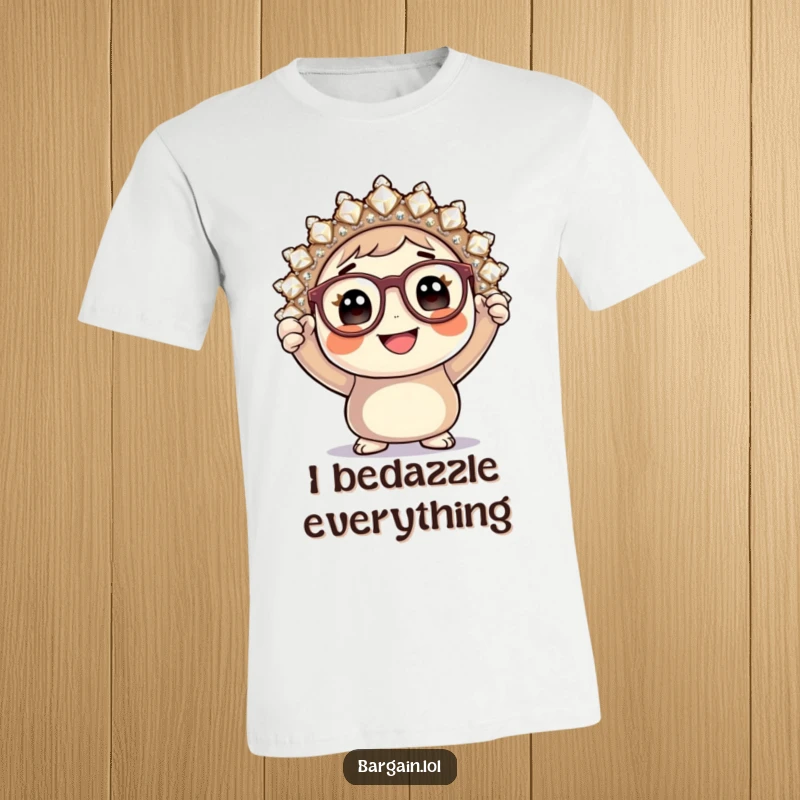 Funny t-shirt, smiling round character in glasses holding a massive glittery brooch, fashion humor.
