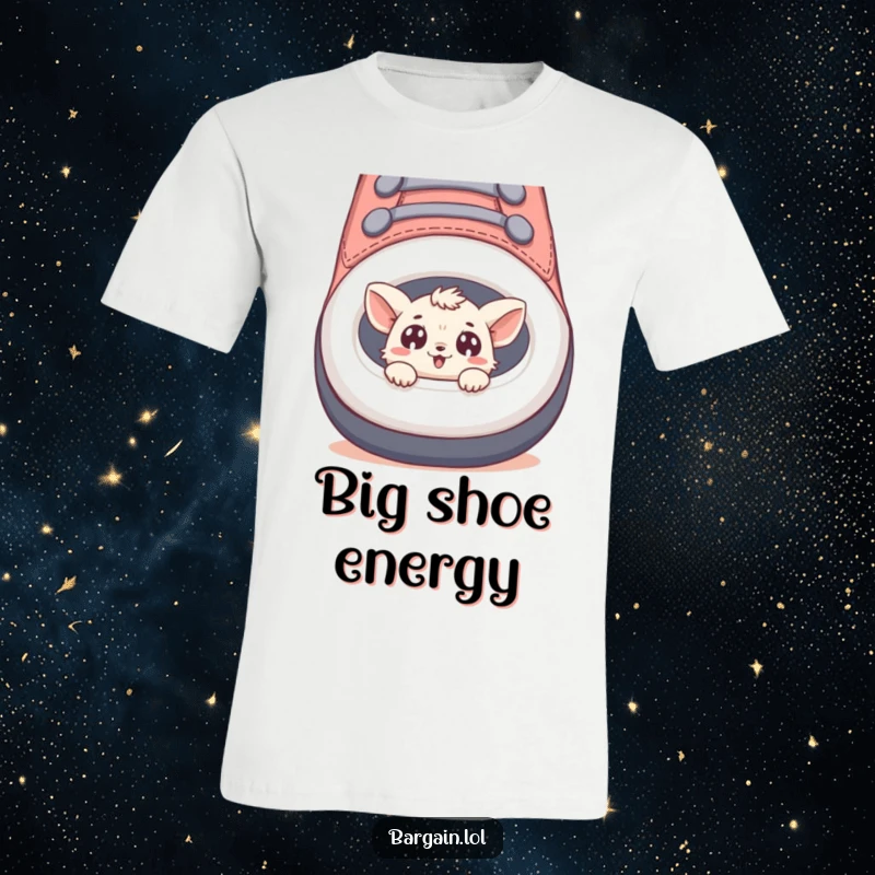 Funny t-shirt featuring a tiny creature peeking from a giant shoe with big, happy eyes.