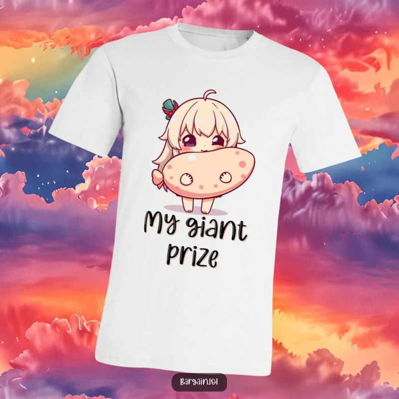 Funny t-shirt featuring a character with an expression of pure delight, holding a ridiculously oversized novelty item, celebrating joyful extravagance.