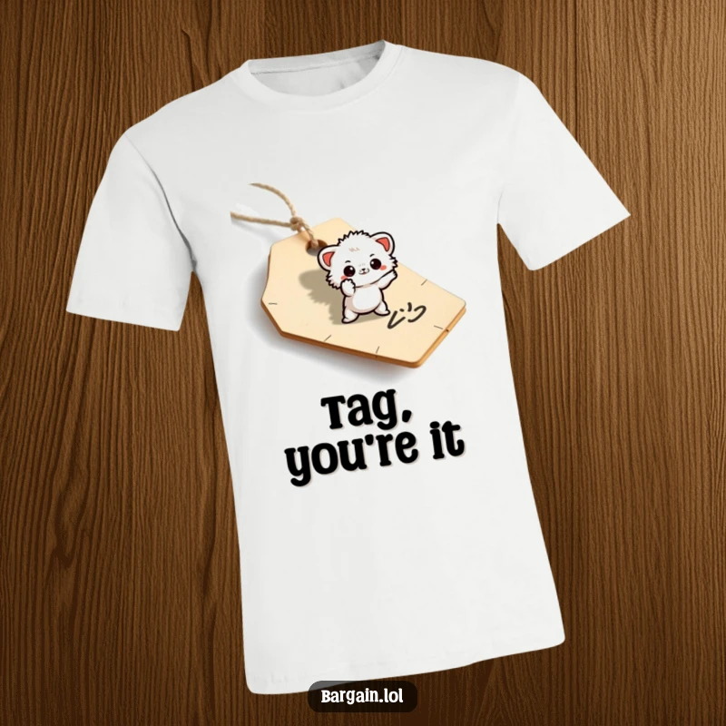 Funny t-shirt depicting a small, fuzzy creature posing dramatically on a discarded price tag.