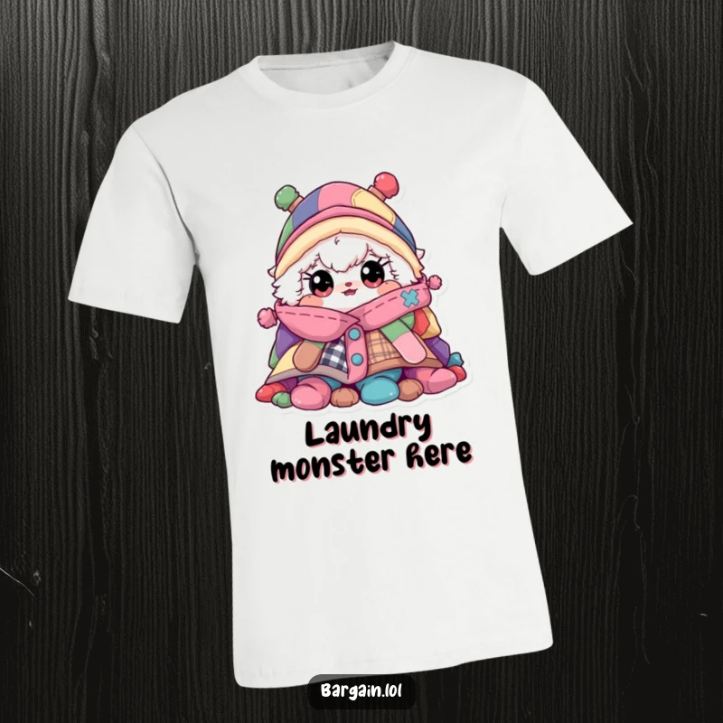Funny t-shirt, fluffy character peeking from a giant messy pile of colorful clothing, fashion humor.