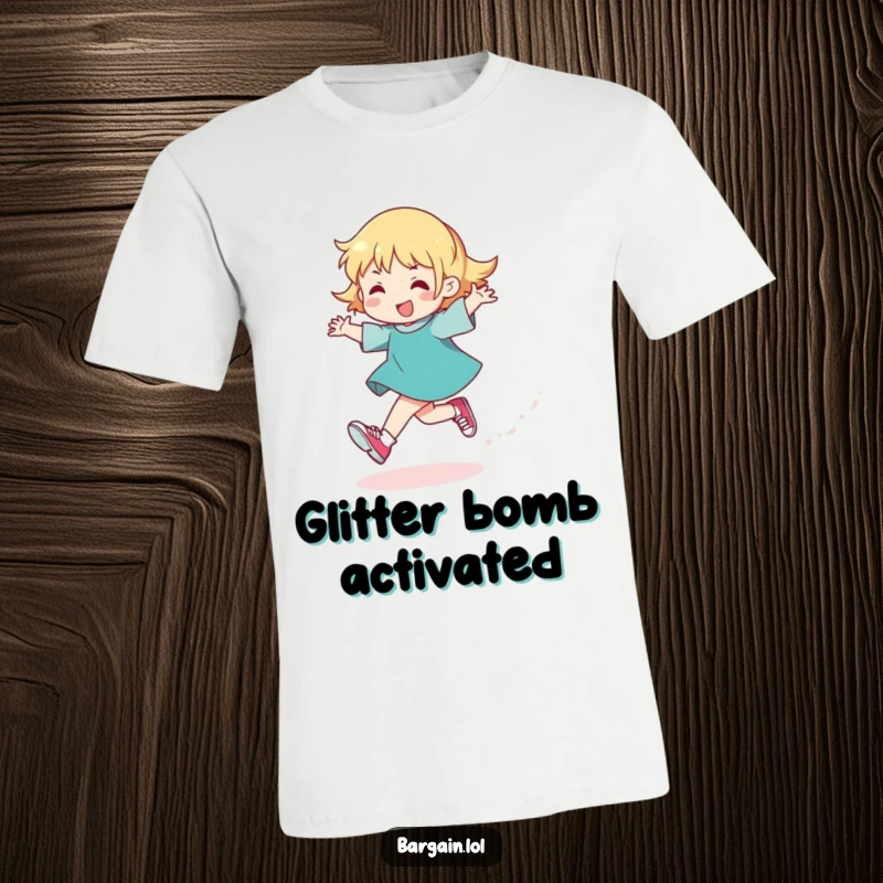 Funny T-shirt featuring a character joyfully skipping, leaving a glitter trail and sporting slightly too-small shoes, embodying playful energy.