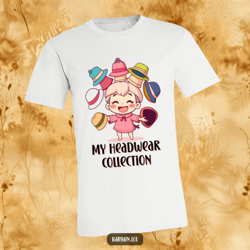 Funny t-shirt featuring a character with a big grin, skillfully juggling multiple mismatched, colorful hats, showcasing playful dexterity.