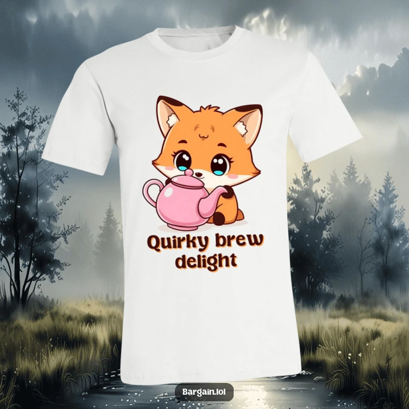 Funny Kawaii fox t-shirt depicting a fox with wide eyes admiring a cheap, unusual teapot, perfect for unique style.