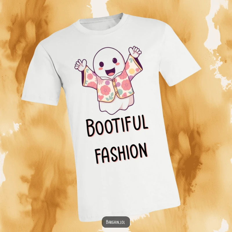 Funny kawaii ghost character with a thrilled expression, holding up a vintage shirt with a crazy, vibrant pattern, perfect for spooky fashion.