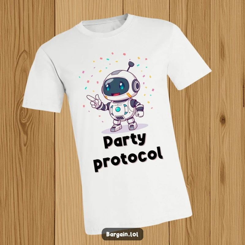 Funny t-shirt featuring a round robot character enthusiastically pointing at a colorful burst of confetti, embodying excitement and celebration.