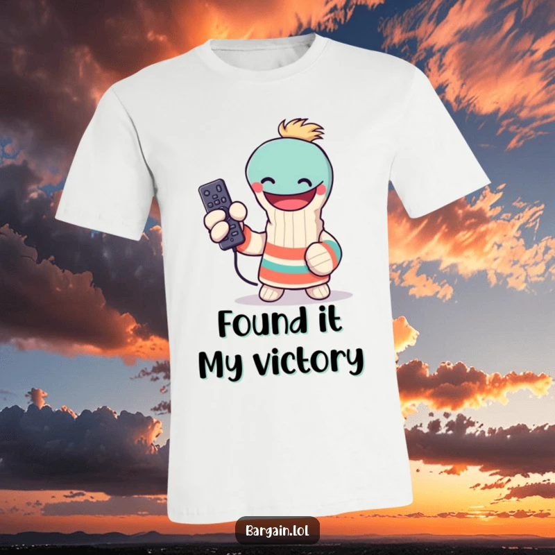 Funny sock puppet t-shirt, triumphantly holding a lost remote control, celebrating victory over channel surfing, hilarious funny gift.