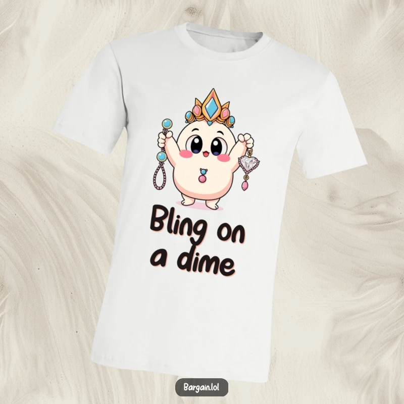 Funny t-shirt with a blobby character, large eyes wide with glee, holding up a ridiculously colorful and cheap necklace.