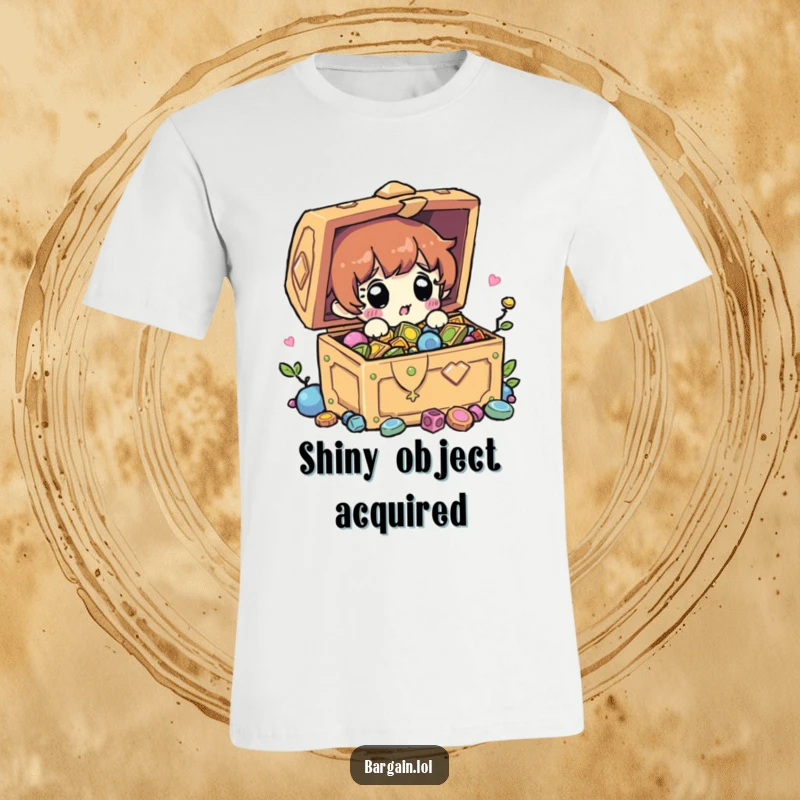 Funny t-shirt showing a character with wide eyes finding a chest brimming with shiny treasure. Hilarious and exciting design. Great gift.