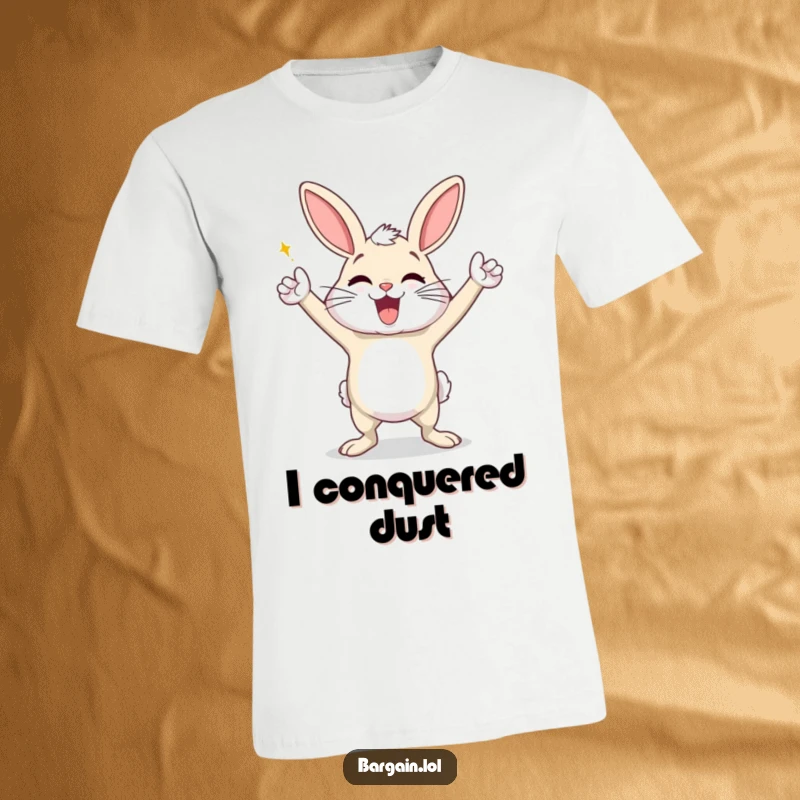Funny t-shirt with an exaggeratedly happy dust bunny performing a triumphant victory dance, expressing boundless joy and celebration.