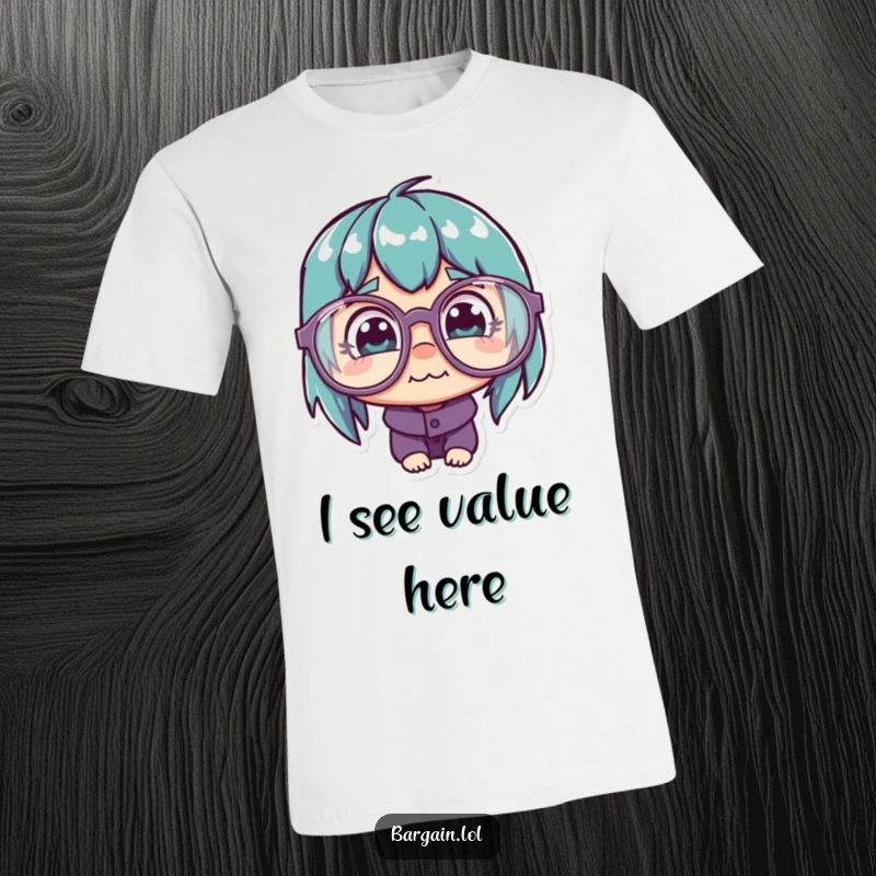 Funny T-Shirt: Character with oversized glasses, looking at a cheap price tag, embodying bargain hunting.